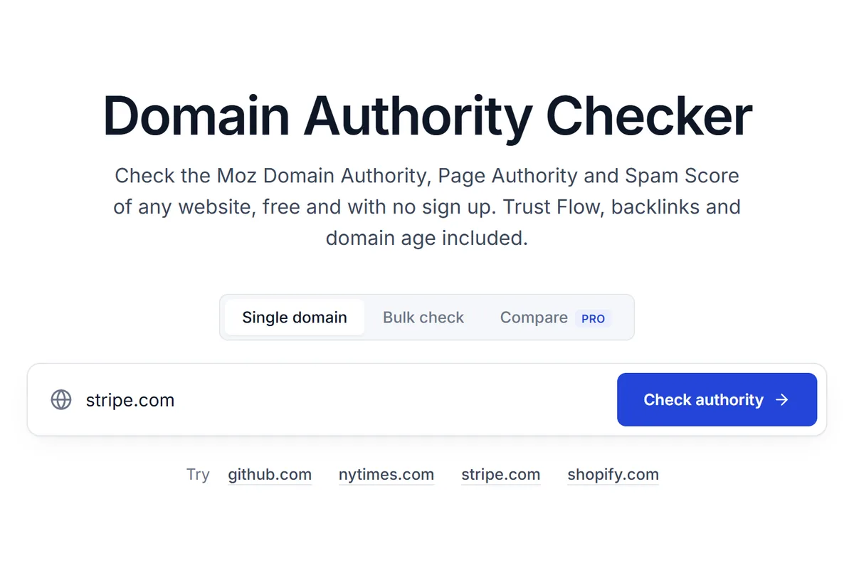 Checking the domain authority of stripe.com by typing it into the free domain authority checker